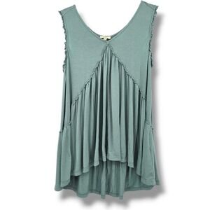 Kori America Ruffle Sleeveless Hi-Lo Babydoll Tank Top Flowy‎ Casual Green S